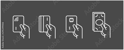Set of payment options vector elements in flat style. Credit card processing, hand holding debit-credit card, cash and receipt.