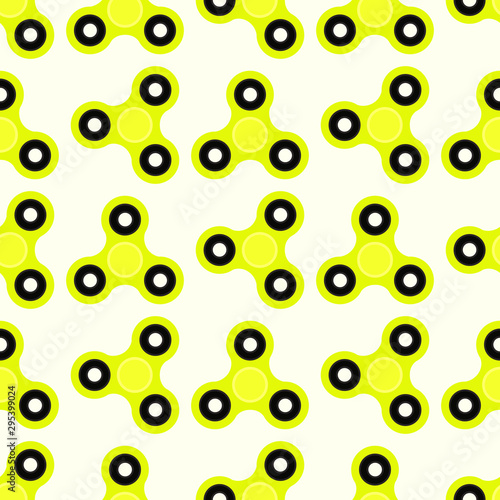 Fidget spinner. Hand toy for stress relief. Seamless pattern with yellow spinners for wrapping paper, wallpaper, web page background and more. Vector illustration. EPS10.