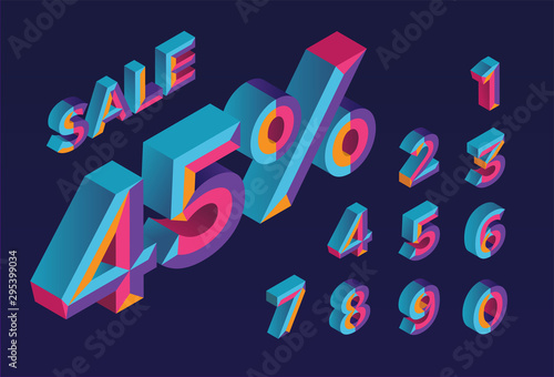 45% sale. 0, 1, 2, 3, 4, 5, 6, 7, 8, 9 isometric 3D numeral alphabet. Percent off, sale background. Colorfull polygonal triangle Letter. Eps10. Vector Isolated Number.