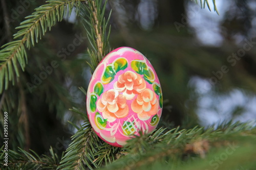 Painted with beautiful flowers Easter egg on a branch of new year's green spruce