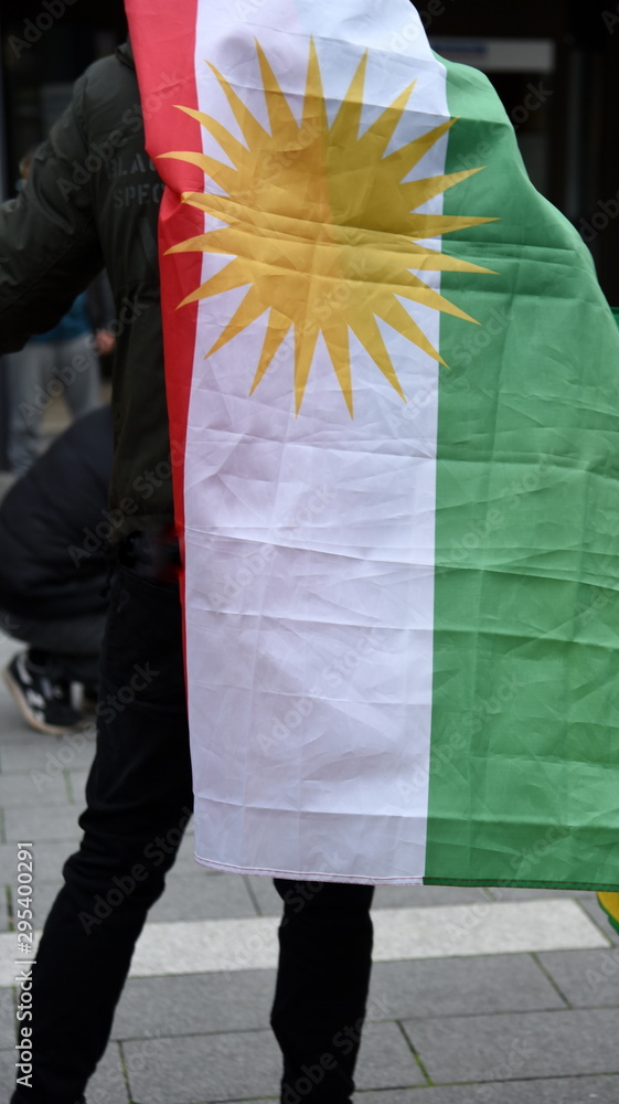 Fototapeta premium Kurdische Fahne auf dem Rücken eines Demonstranten