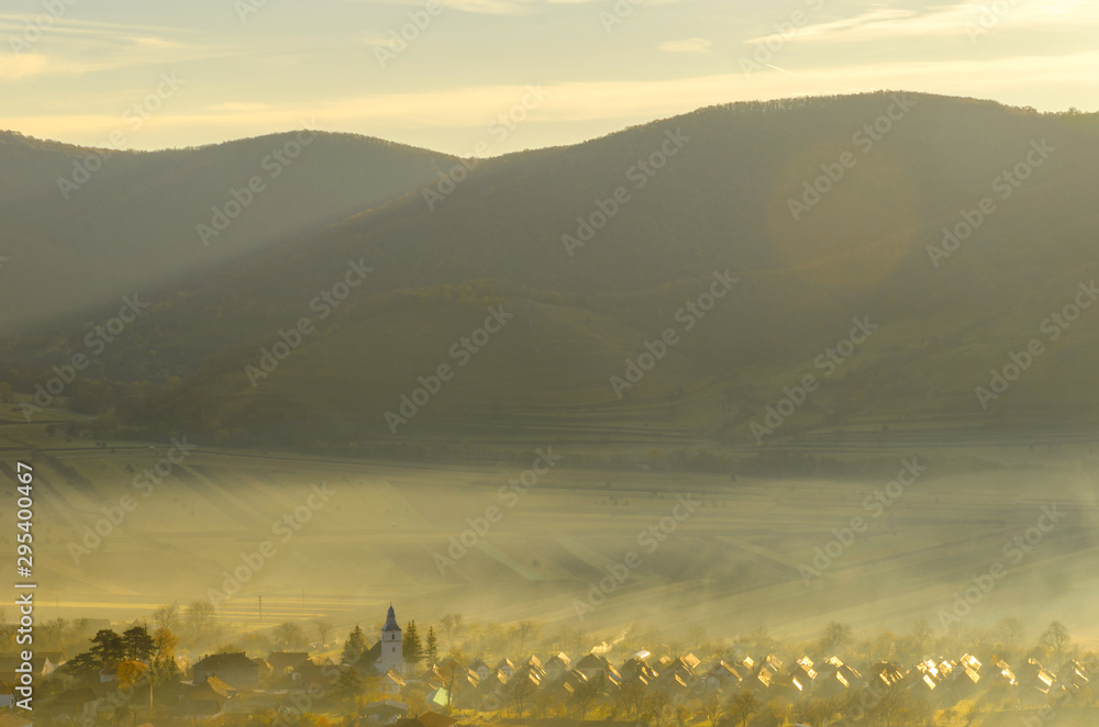 The rural village of Coltesti, Alba County, Transylvania region, Romania, at sunrise. 