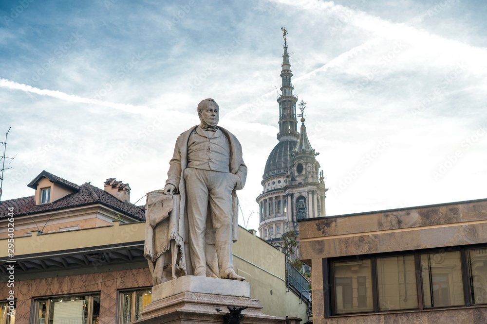 Fototapeta premium Novara city, Piedmont, Italy. HISTORIC PALACES IN NOVARA CITY IN ITALY IN EUROOPE. View of the famous Cupola of the San Gaudenzio Basilica in Novara. Camillo Benso, count of Cavour