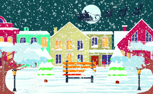 Christmas city. Santa Claus under the moon. Night village in the snow. The concept of a new year. Vector
