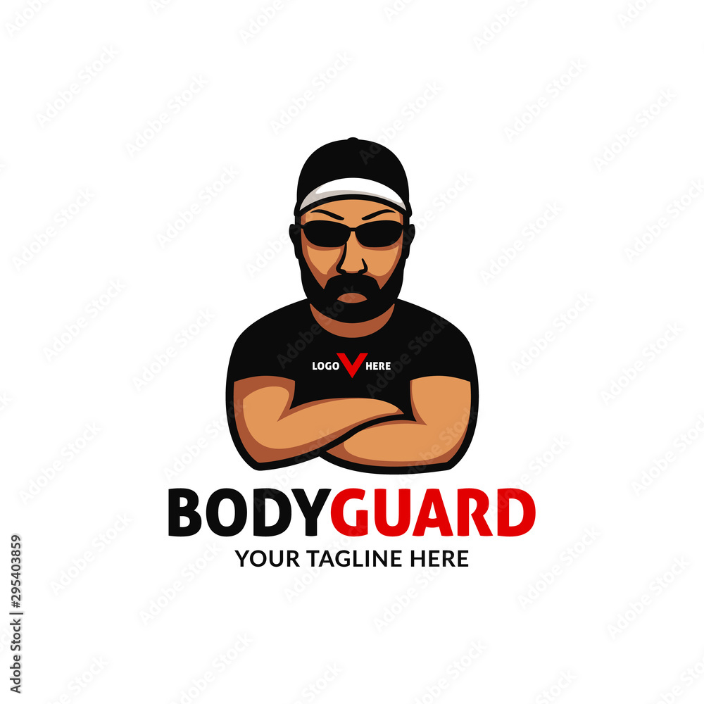 Vettoriale Stock Basic RGBstrong big bodyguard logo mascot character  folding hand wears cap black shade sunglasses and tshirt with intimidating  pose expression illustration | Adobe Stock