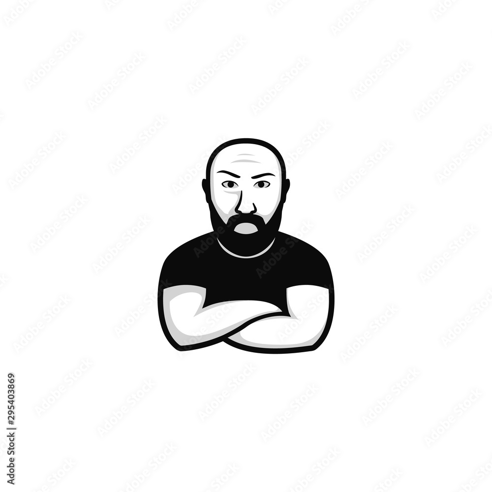 hipster bald bearded bodyguard logo icon cartoon mascot character  illustration with thick black beard moustache and folding hand gesture  Stock Vector | Adobe Stock