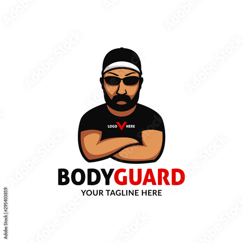 Basic RGBstrong big bodyguard logo mascot character folding hand wears cap black shade sunglasses and tshirt with intimidating pose expression illustration