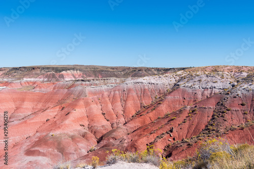 Petrified Forest National Park landscape of the painted hills of pink, red and orange