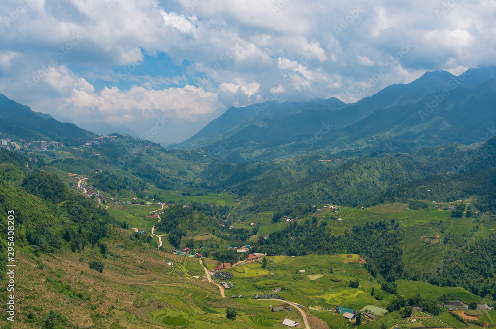 Aerial view of Sapa mountain valley with spectacular rice terraces