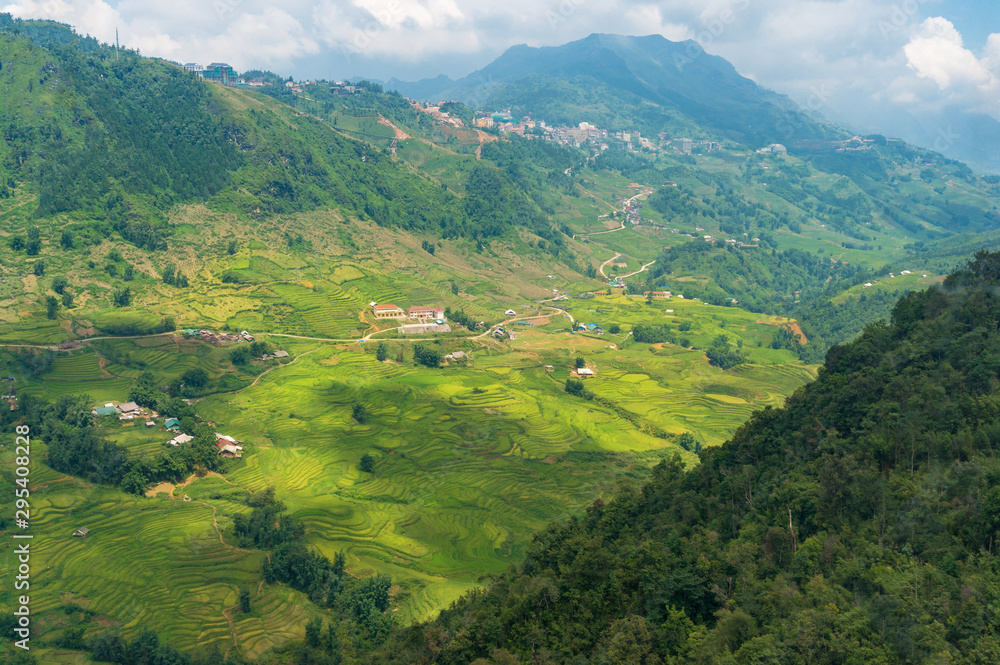Spectacular rice terraces in mountain valley. Aerial view