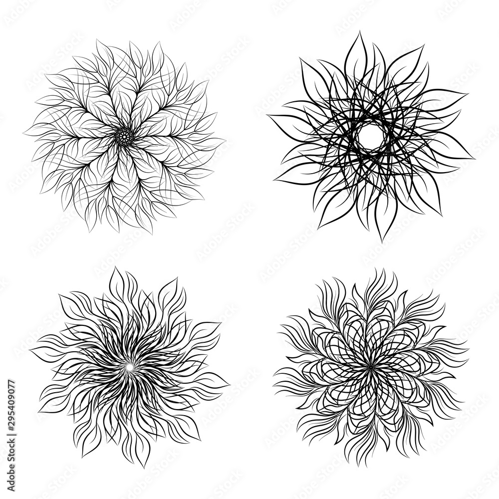Obraz premium Set of round floral ornaments isolated on white background. Decorative design element. Outline vector illustration for invitation, greeting cards, print on T-shirt and other items.
