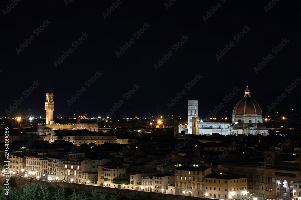 Night cityscape of the Florence at the sunset time from area of Michelangelo. Duomo Santa Maria Del Fiore and tower of Palazzo Vecchio