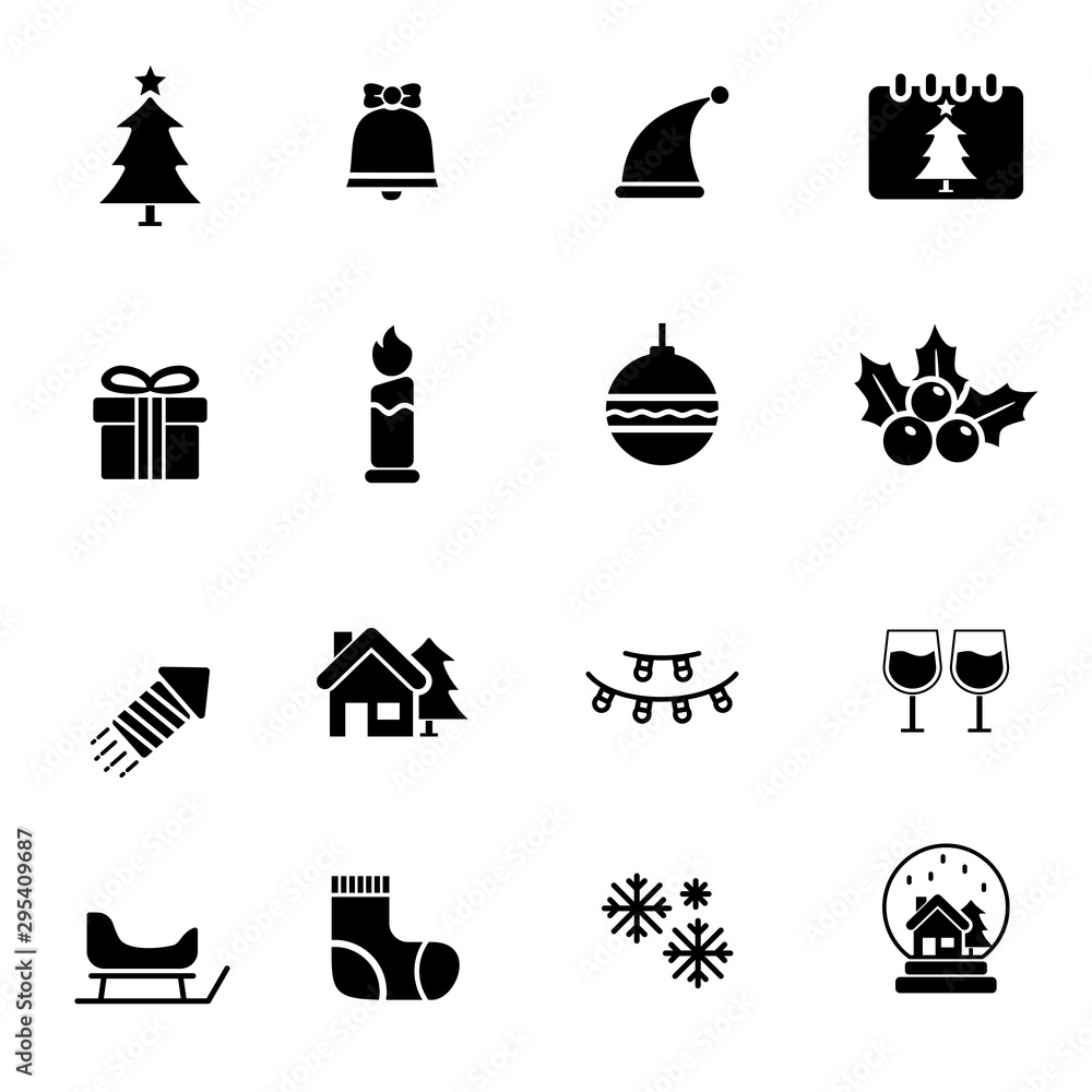 Set of Christmas related icons with a simple black silhouette design Set of Christmas related icons with a simple black silhouette design
