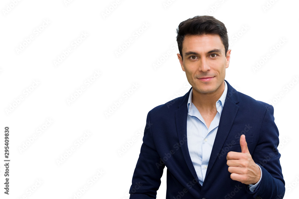 Adult caucasian businessman is wearing a blue suit, showing hands thumb up imply excellence and acceptance with isolated on white background. Clipping path. Adult caucasian businessman is wearing a blue suit, showing hands thumb up imply excellence and acceptance with isolated on white background. Clipping path.