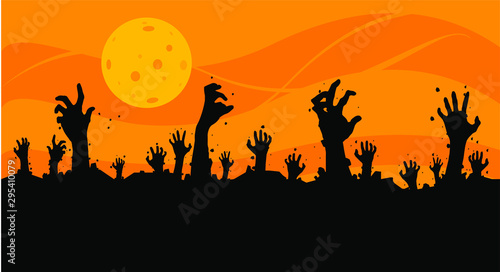 Vector illustration  Flat Style  Horror halloween backgroud  silhouette of zombie hands come out of the ground or the cemetery on top there is a full moon  can use for card  poster  banner  invitation