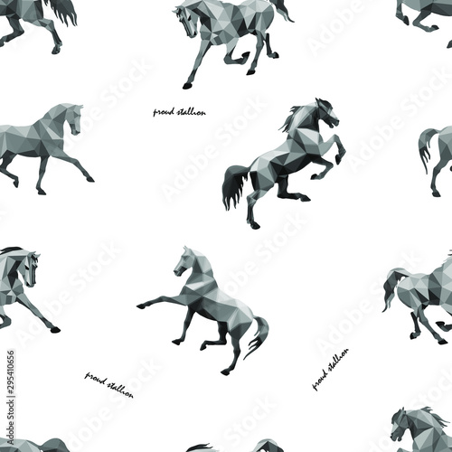 seamless background of monochrome polygonal vector-isolated images of horses on a white background in the style of   low poly 