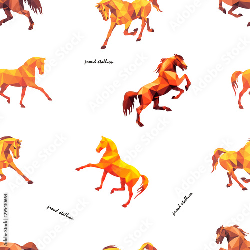 seamless background of amber color polygonal isolated images of horses on a colored background in the style of 