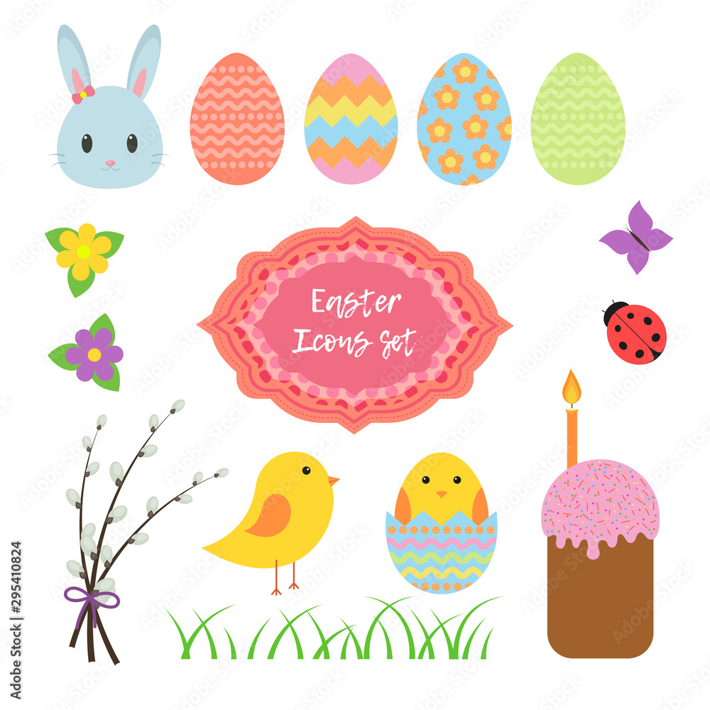 Set of easter icons in flat style isolated on white background. Set of easter icons in flat style isolated on white background.