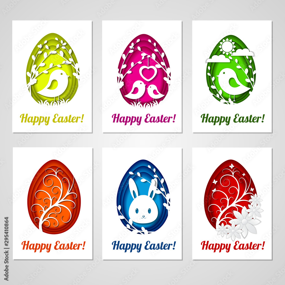 Set of Easter cards with colorful eggs in paper cutting style on gray background. Imitation paper art style. Template for greeting Easter cards. Set of Easter cards with colorful eggs in paper cutting style on gray background. Imitation paper art style. Template for greeting Easter cards.