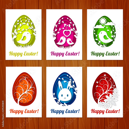 Set of Easter cards with colorful eggs in paper cutting style on wooden background. Imitation paper art style. Template for greeting Easter cards.