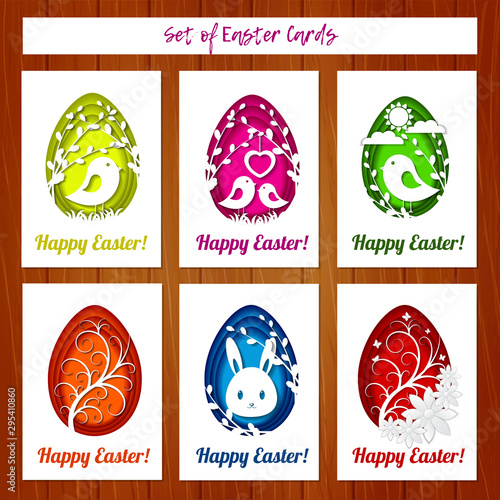 Set of Easter cards with colorful eggs in paper cutting style on wooden background. Imitation paper art style. Template for greeting Easter cards.
