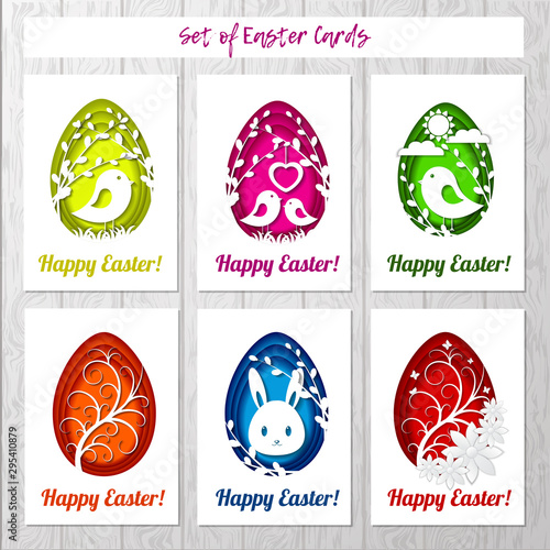 Set of Easter cards with colorful eggs in paper cutting style on gray background. Imitation paper art style. Template for greeting Easter cards.