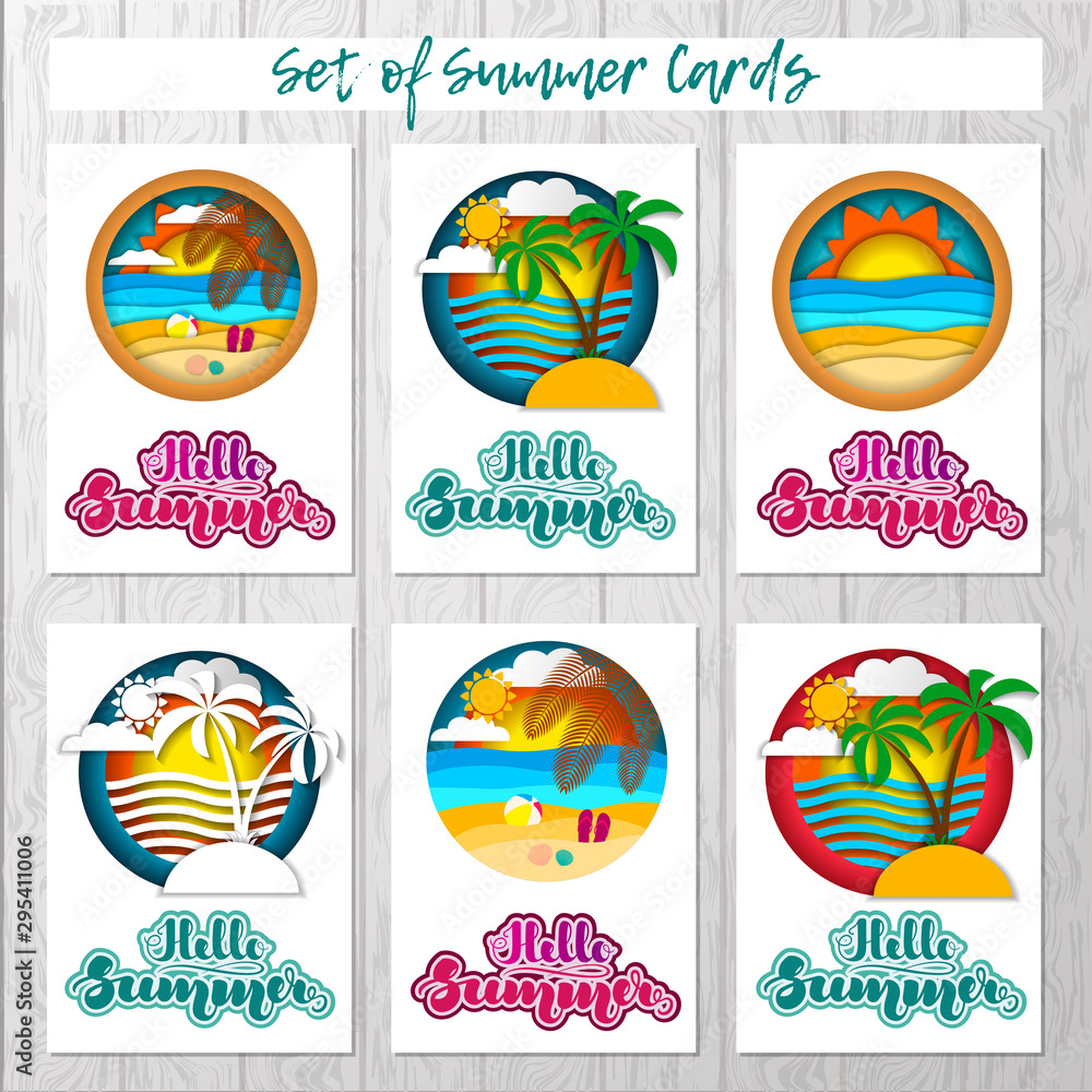 Set of summer cards with summer landscapes and lettering. Vector illustration for cards, banners, posters, flyers, stickers and much more.