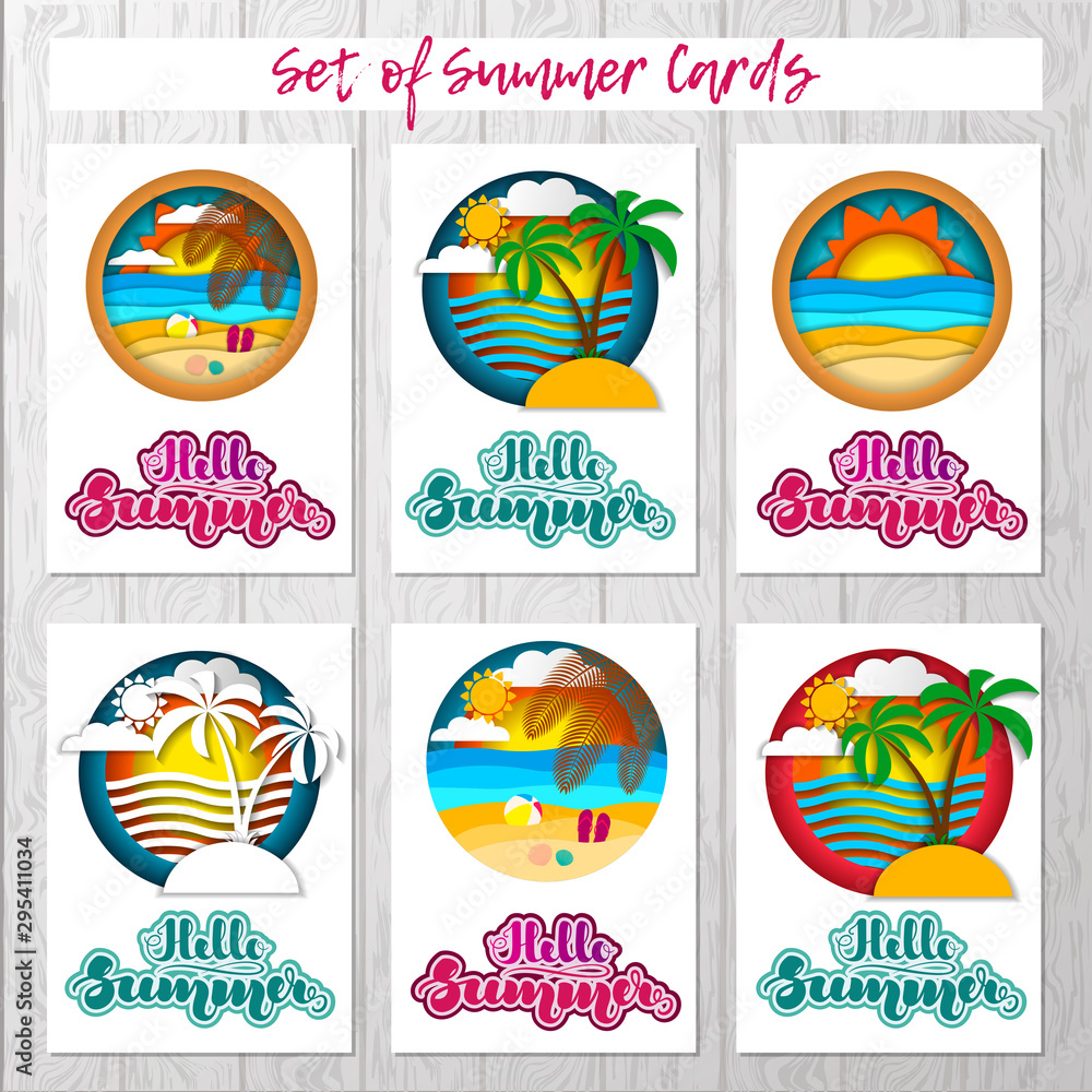 Set of summer cards with summer landscapes and lettering. Vector illustration for cards, banners, posters, flyers, stickers and much more. Set of summer cards with summer landscapes and lettering. Vector illustration for cards, banners, posters, flyers, stickers and much more.