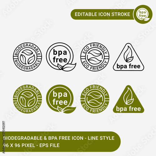Biodegradable, bpa free, & eco icons set vector illustration, icon line style. Eco friendly and free plastic badge concept. Editable stroke icon on isolated background for web design & UI mobile app