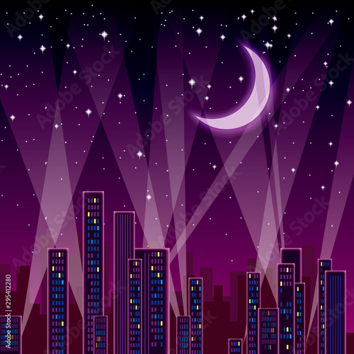 Charming night. The city buildings are under the moonlight.