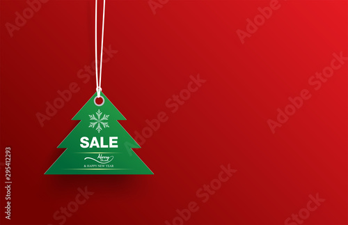green label christmas tree sale white snowflake on red background.xmas