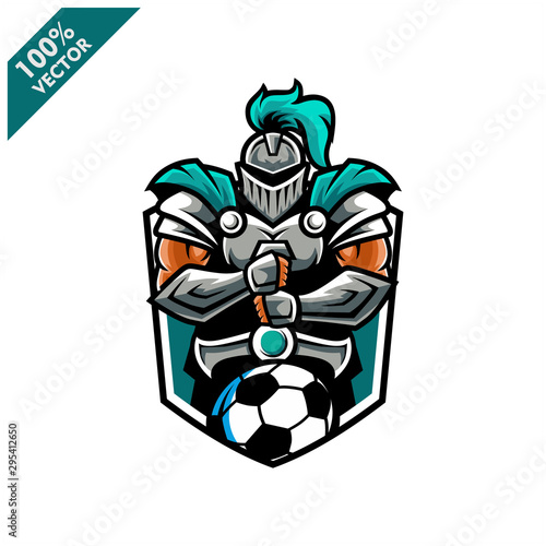 Vector sport logo, knight  illustration and football soccer on the shield background. Logo for sport club or team. Vector illustration
