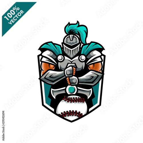 Vector sport logo, knight  illustration and baseball on the shield background. Logo for sport club or team. Vector illustration