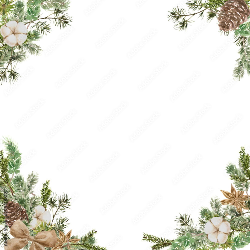 Merry Christmas Square Frame composition with pine and fir branches, cotton, anise flower, bow and cone. Winter banner for New Year holidays for invitation, greeting cards and wrappind paper Merry Christmas Square Frame composition with pine and fir branches, cotton, anise flower, bow and cone. Winter banner for New Year holidays for invitation, greeting cards and wrappind paper
