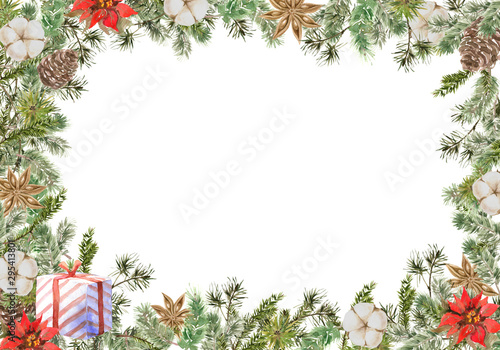 Merry Christmas Square Frame composition with pine and fir branches, cotton, anise flower, bow and cone. Winter  banner for New Year holidays for invitation, greeting cards and wrappind paper photo