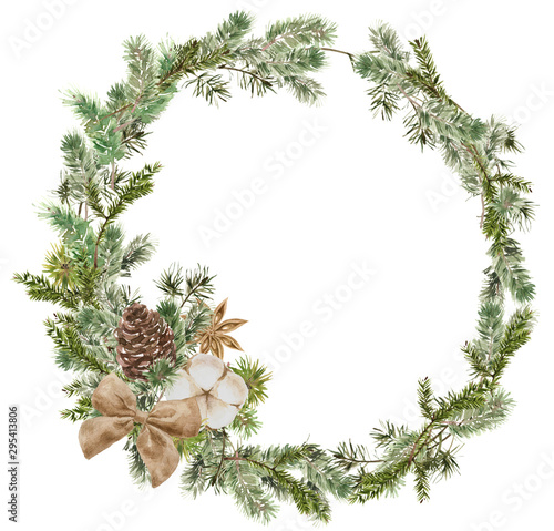 Merry Christmas Wreath composition with pine and fir branches, cotton,  anise flower, bow and cone. Winter round frame banner for New Year holidays for invitation, greeting cards and wrappind paper photo