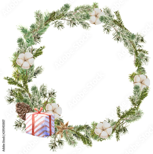 Merry Christmas Wreath composition with pine and fir branches, cotton,  anise flower, bow and cone. Winter round frame banner for New Year holidays for invitation, greeting cards and wrappind paper photo