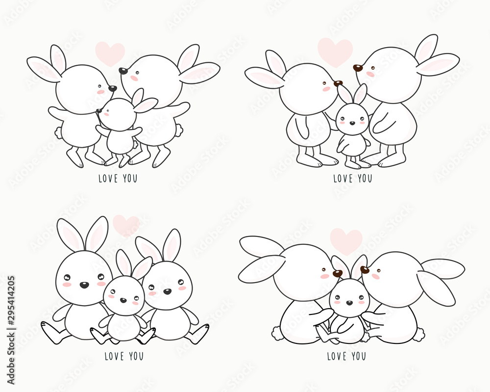 Set of lovely cartoon white rabbit family. Dad mom and baby rabbit cartoon.   