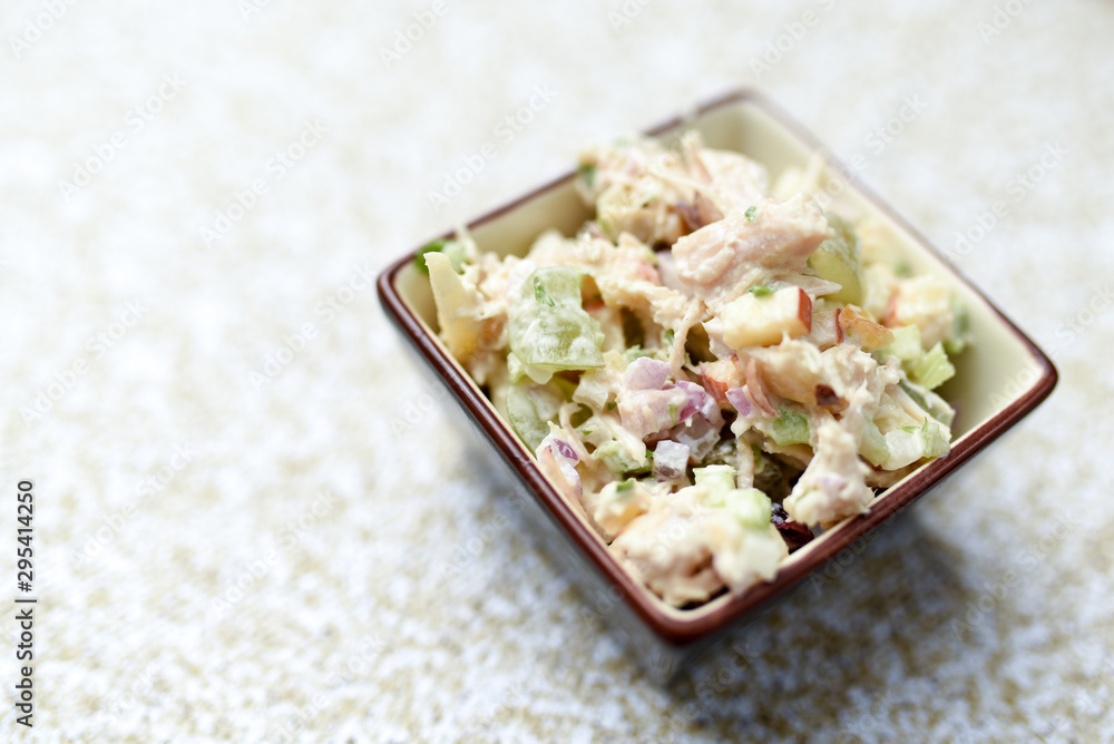 Salad dish with chicken apples nuts and cranberries in a small decorative side dish Salad dish with chicken apples nuts and cranberries in a small decorative side dish