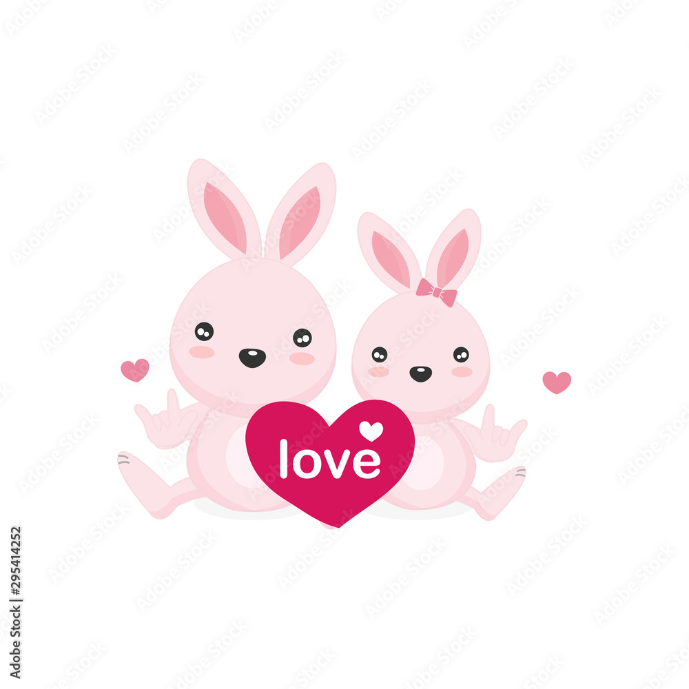 Greeting card with couple bunny and Big pink hearts. Greeting card with couple bunny and Big pink hearts.