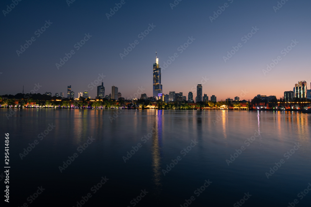 Skyline of Nanjing city by Xuanwu lake in the night in China
