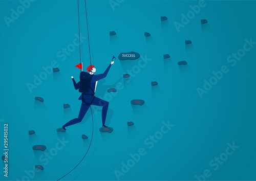 Businessmen are climbing up a mountain with a rope to forward success. . illustration vector.
