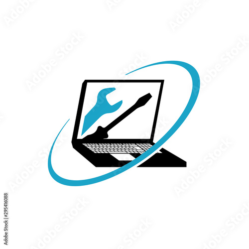 Laptop PC Computers Repair Logo Design Vector Template With Wrench and Screwdriver Illustration