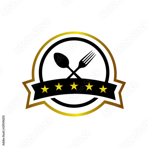 Popular Spoon and Fork symbol premium 5 star restaurant Vector logo emblem illustration