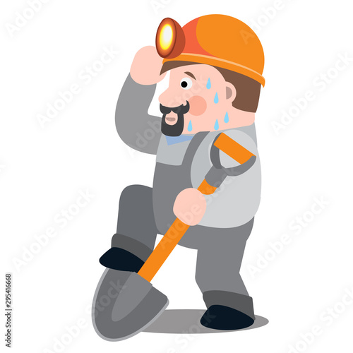 Miner, handyman, builder. A man in work clothes with a shovel