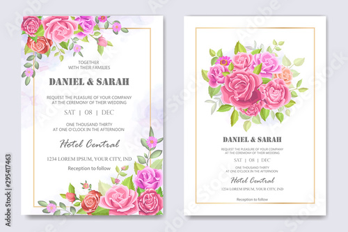 beautiful wedding invitation card with floral and leaves frame template © DENNY