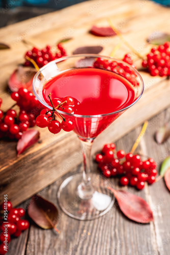 Viburnum martini cocktail with autumn setting on the rustic background. Selective focus. Shallow depth of field.