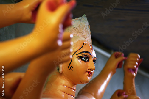 Hindu Goddess Durga Idol in the making at Kumartuli for Durga Puja Festival in Kolkata, West Bengal, India.