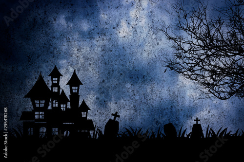 Halloween night scene with haunted house and death tree background.