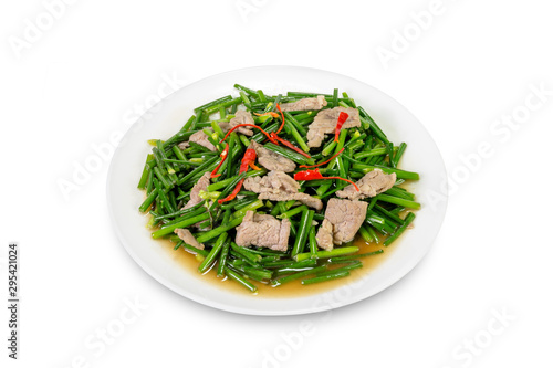 stir-fried pork and garlic chive isolated on white background,clipping path